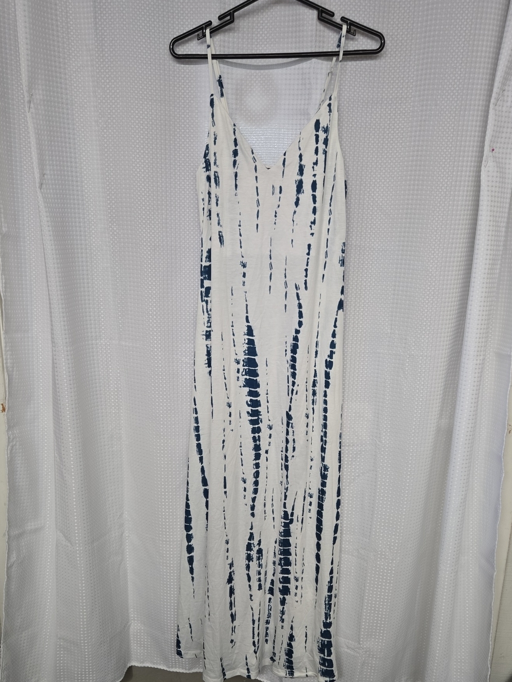 Women's White and Navy Tie-Dye Maxi Dress with Spaghetti Straps